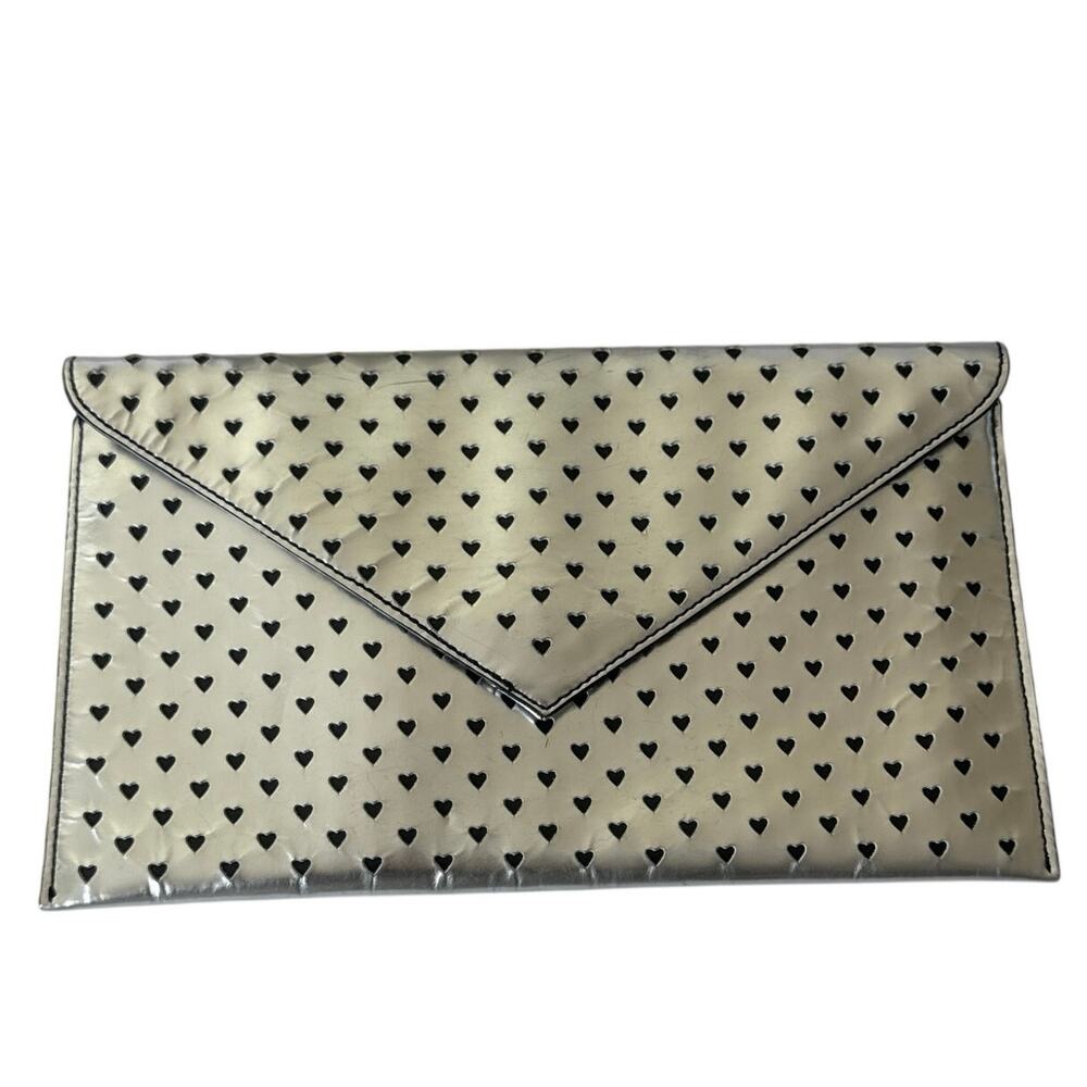 J.CREW 100% Leather Heart Clutch Purse Silver Style A7607